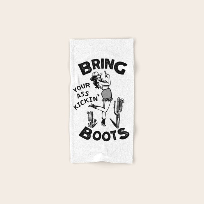 Bring Your Ass Kicking Boots! Cool Retro Cowgirl Gift Idea For Women Bath Towel Gallery Image 1
