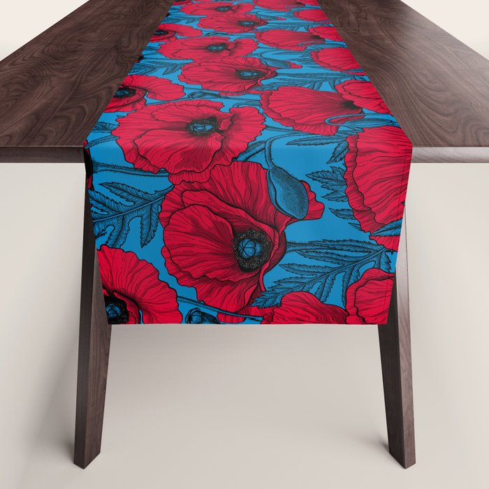Red poppy garden on blue Table Runner Gallery Image 1