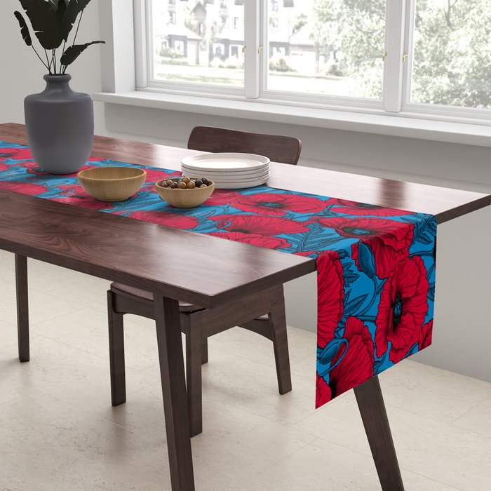 Red poppy garden on blue Table Runner Gallery Image 2