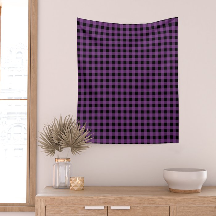 Halloween Gingham Check Pattern in Purple and Black Wall Tapestry Gallery Image 2
