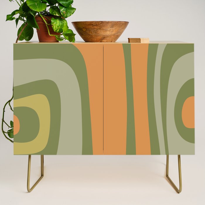 Tiki Abstract Minimalist Mid-Century Modern Pattern in Retro Olive Green and Orange Tones Credenza Gallery Image 1