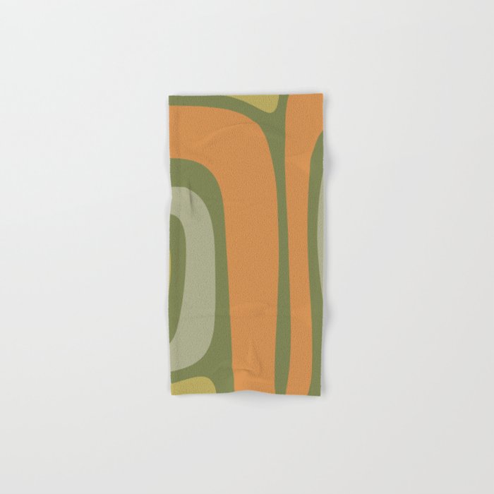 Tiki Abstract Minimalist Mid-Century Modern Pattern in Retro Olive Green and Orange Tones Bath Towel Gallery Image 1