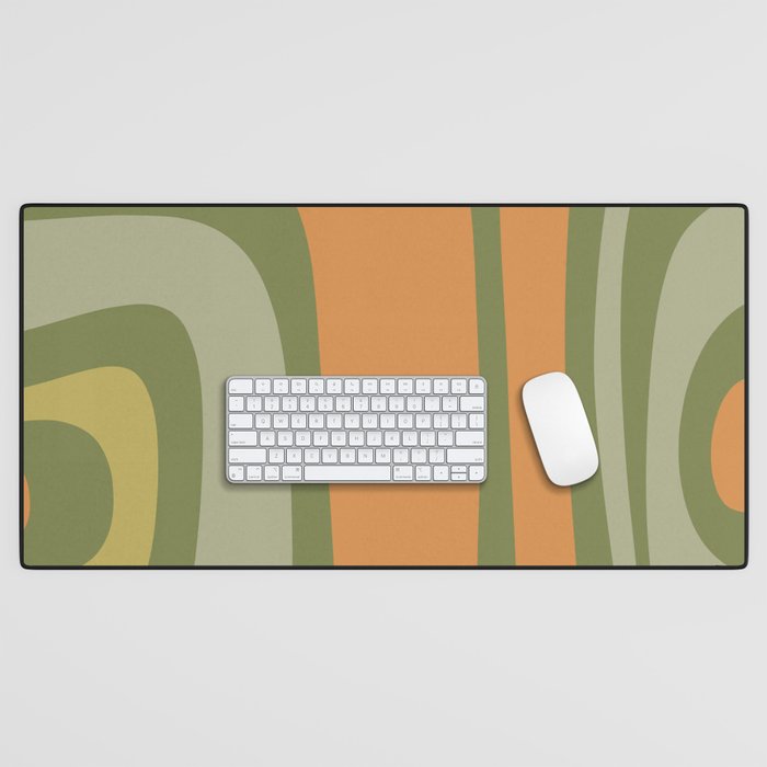 Tiki Abstract Minimalist Mid-Century Modern Pattern in Retro Olive Green and Orange Tones Desk Mat Gallery Image 1