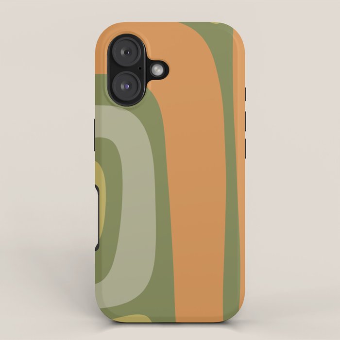 Tiki Abstract Minimalist Mid-Century Modern Pattern in Retro Olive Green and Orange Tones iPhone Case Gallery Image 1