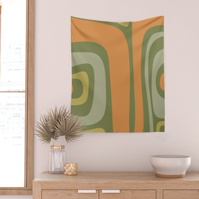 Tiki Abstract Minimalist Mid-Century Modern Pattern in Retro Olive Green and Orange Tones Wall Tapestry Gallery Image 2