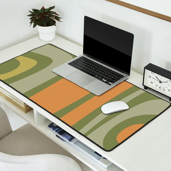 Tiki Abstract Minimalist Mid-Century Modern Pattern in Retro Olive Green and Orange Tones Desk Mat Gallery Image 2