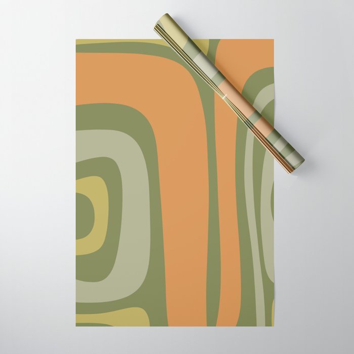 Tiki Abstract Minimalist Mid-Century Modern Pattern in Retro Olive Green and Orange Tones Wrapping Paper Gallery Image 1