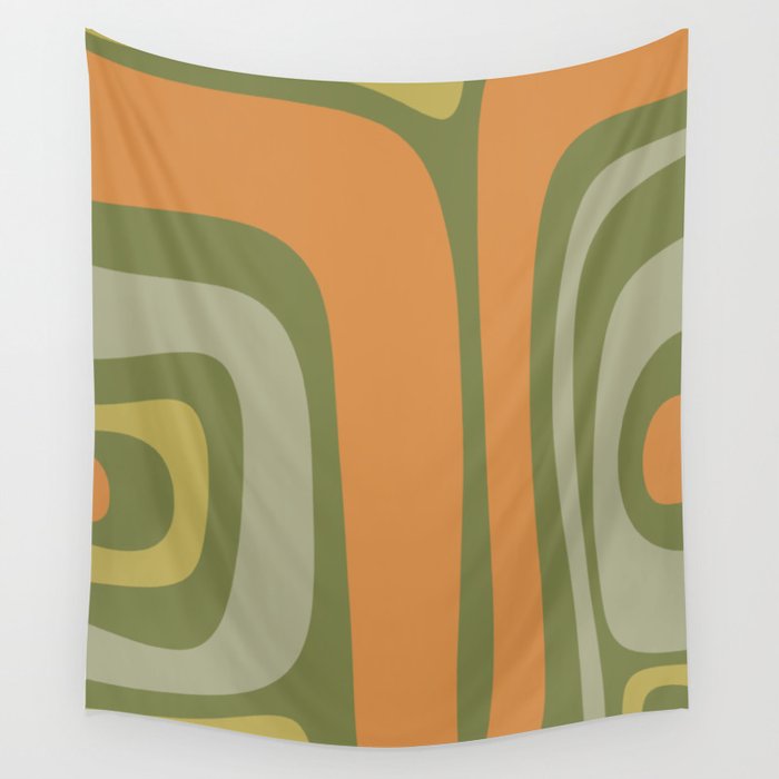 Tiki Abstract Minimalist Mid-Century Modern Pattern in Retro Olive Green and Orange Tones Wall Tapestry Gallery Image 1