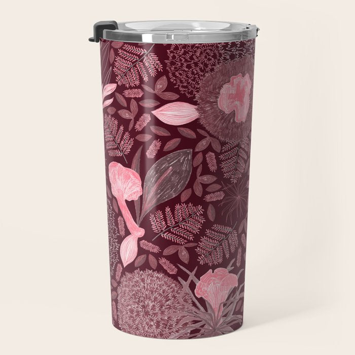 Forest Full of Wild Mushrooms in Burgundy & Peach Travel Mug Gallery Image 3