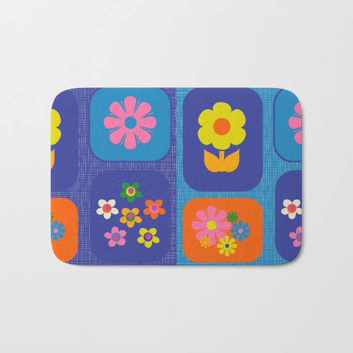 Retro Flower Patch Cute Vintage Aesthetic Floral Pattern Blue Orange Pink Bath Mat Gallery Image 1