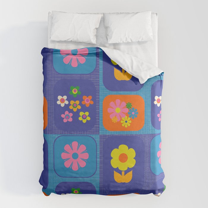 Retro Flower Patch Cute Vintage Aesthetic Floral Pattern Blue Orange Pink Duvet Cover Gallery Image 6