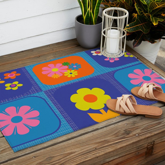 Retro Flower Patch Cute Vintage Aesthetic Floral Pattern Blue Orange Pink Outdoor Rug Gallery Image 2