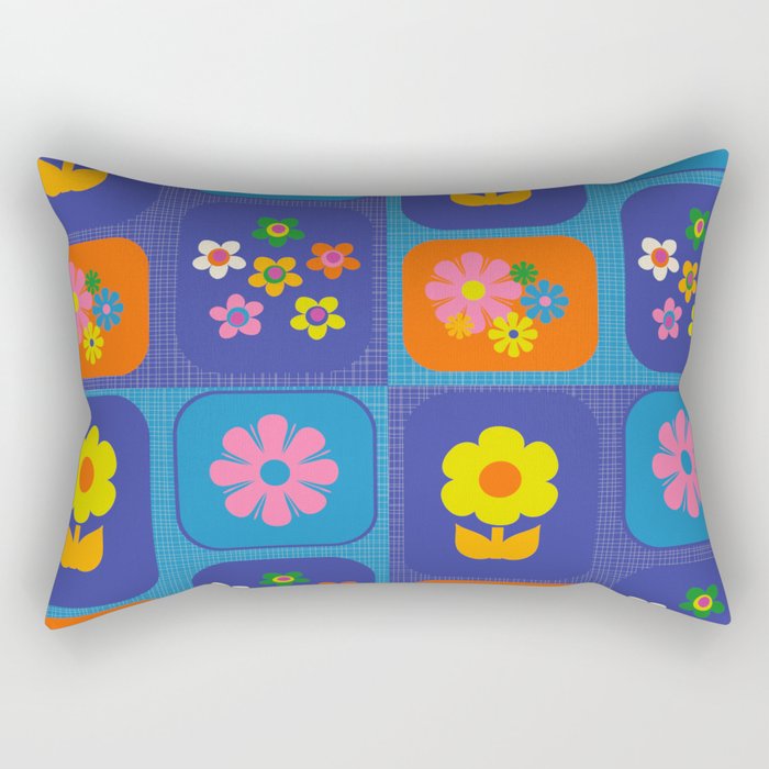 Retro Flower Patch Cute Vintage Aesthetic Floral Pattern Blue Orange Pink Rectangular Pillow Gallery Image 1