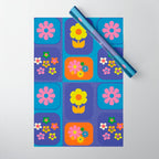 Retro Flower Patch Cute Vintage Aesthetic Floral Pattern Blue Orange Pink Wrapping Paper Gallery Image 1