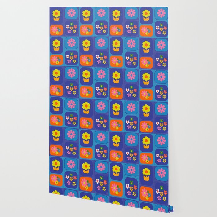 Retro Flower Patch Cute Vintage Aesthetic Floral Pattern Blue Orange Pink Wallpaper Gallery Image 2
