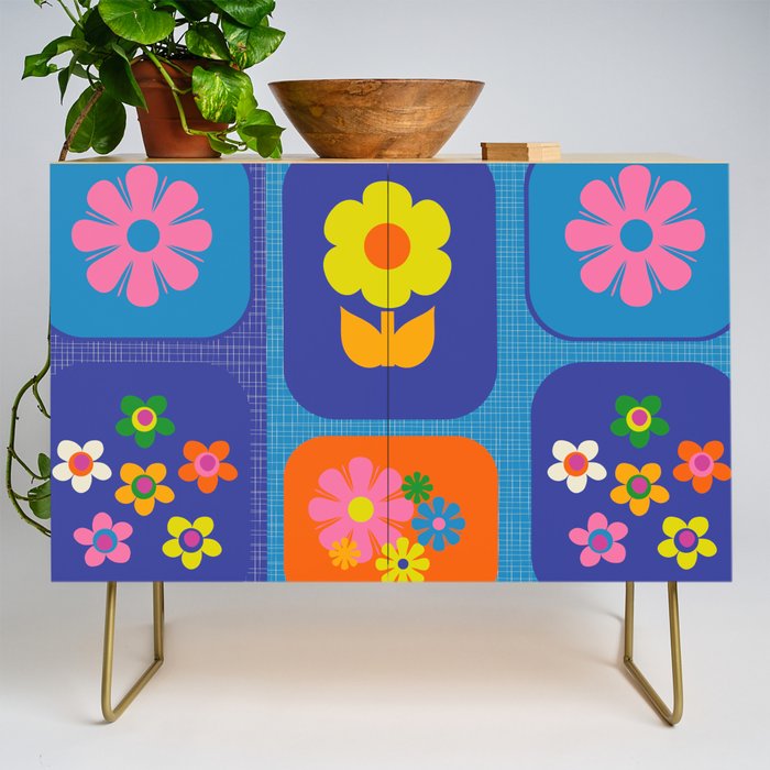 Retro Flower Patch Cute Vintage Aesthetic Floral Pattern Blue Orange Pink Credenza Gallery Image 1