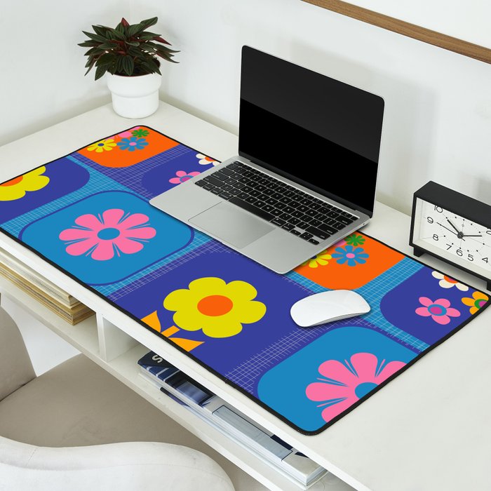 Retro Flower Patch Cute Vintage Aesthetic Floral Pattern Blue Orange Pink Desk Mat Gallery Image 2