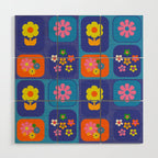Retro Flower Patch Cute Vintage Aesthetic Floral Pattern Blue Orange Pink Wood Wall Art Gallery Image 1