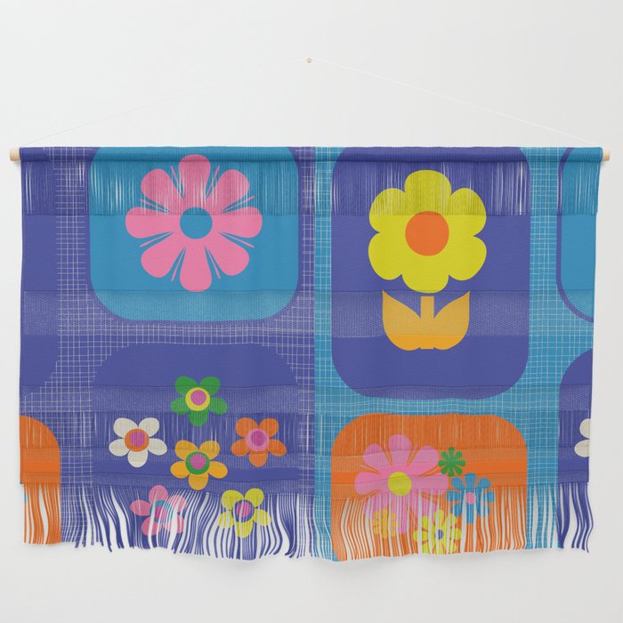 Retro Flower Patch Cute Vintage Aesthetic Floral Pattern Blue Orange Pink Wall Hanging Gallery Image 1