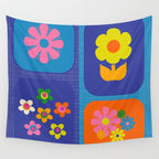 Retro Flower Patch Cute Vintage Aesthetic Floral Pattern Blue Orange Pink Wall Tapestry Gallery Image 4