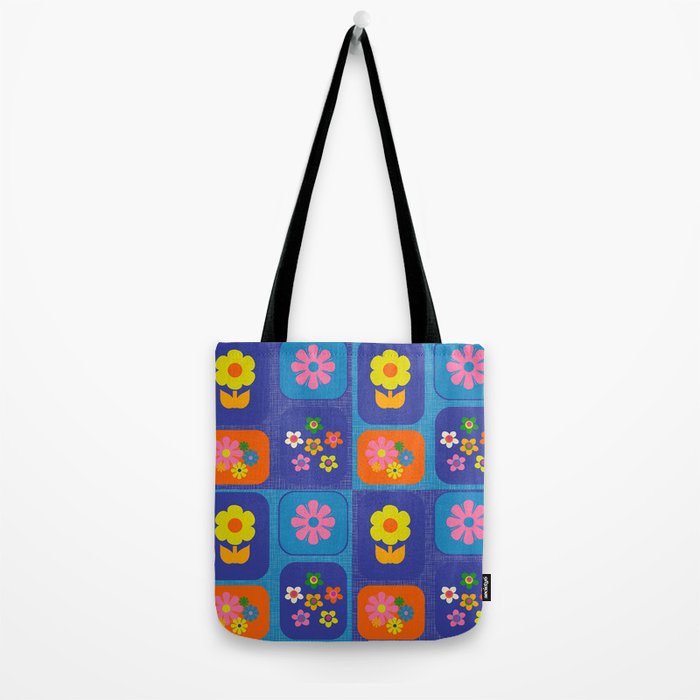 Retro Flower Patch Cute Vintage Aesthetic Floral Pattern Blue Orange Pink Tote Bag Gallery Image 2