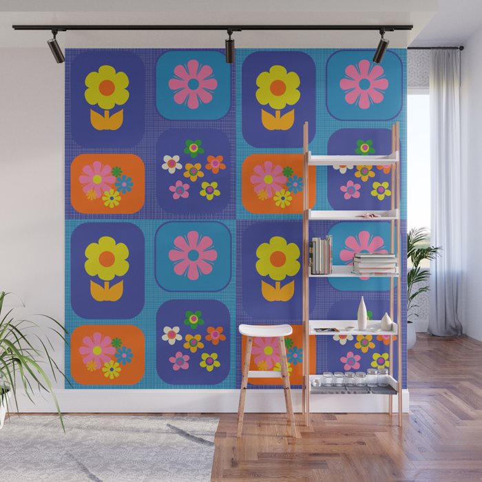 Retro Flower Patch Cute Vintage Aesthetic Floral Pattern Blue Orange Pink Wall Mural Gallery Image 1