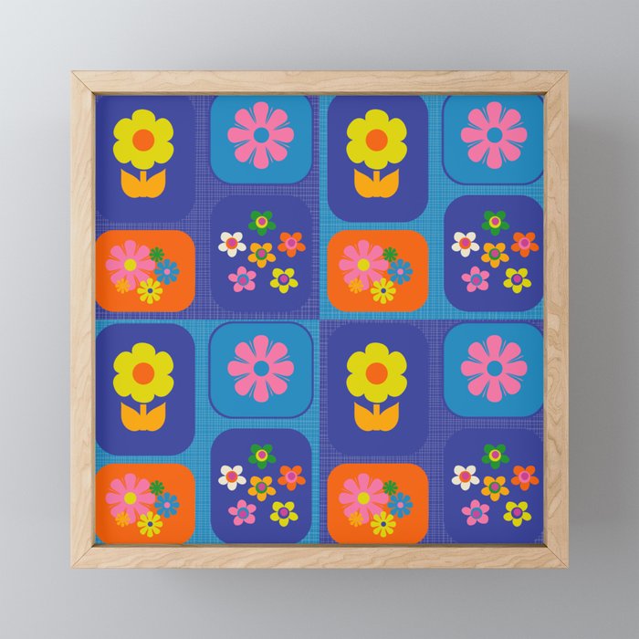 Retro Flower Patch Cute Vintage Aesthetic Floral Pattern Blue Orange Pink Mini Art Print Gallery Image 1