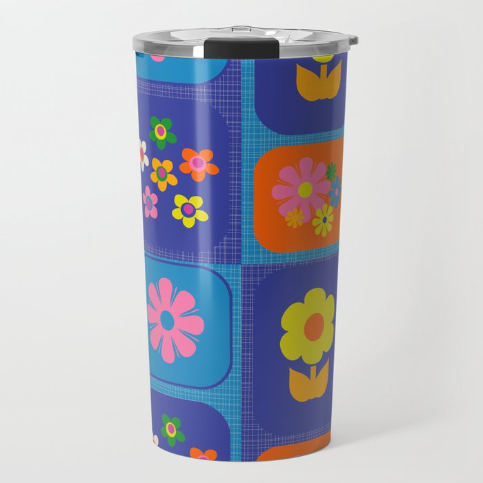Retro Flower Patch Cute Vintage Aesthetic Floral Pattern Blue Orange Pink Travel Mug Gallery Image 1