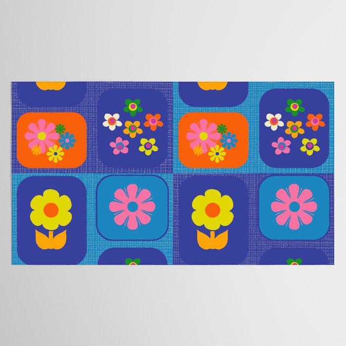 Retro Flower Patch Cute Vintage Aesthetic Floral Pattern Blue Orange Pink Tablecloth Gallery Image 2