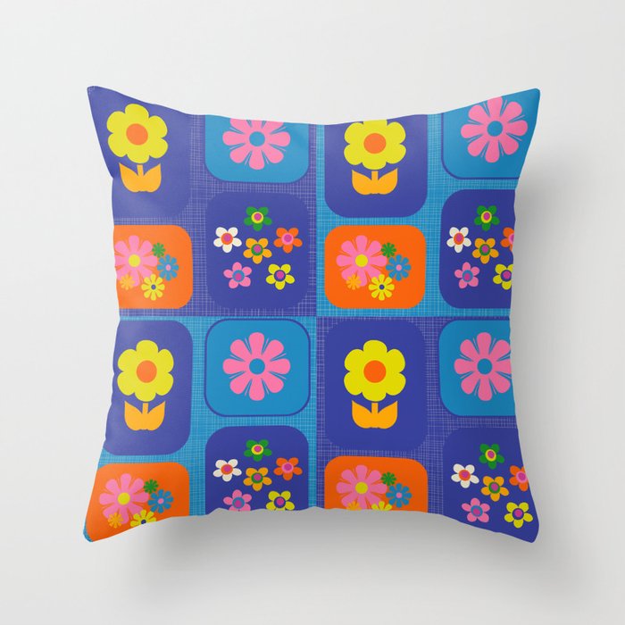 Retro Flower Patch Cute Vintage Aesthetic Floral Pattern Blue Orange Pink Throw Pillow Gallery Image 6