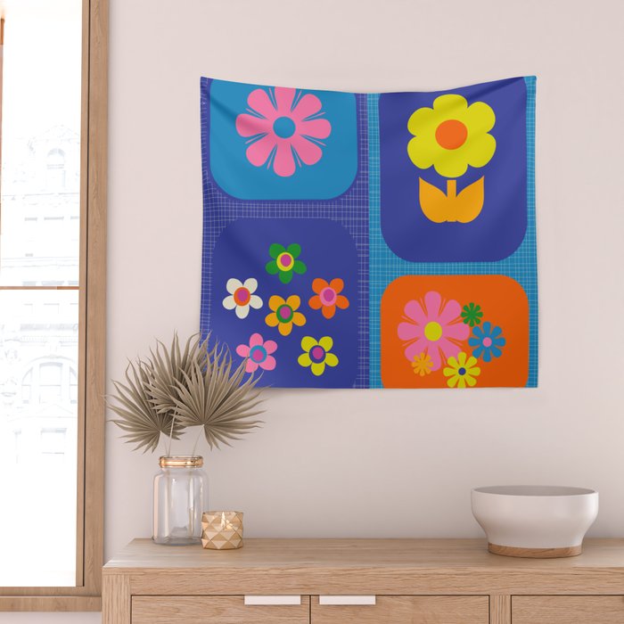 Retro Flower Patch Cute Vintage Aesthetic Floral Pattern Blue Orange Pink Wall Tapestry Gallery Image 2