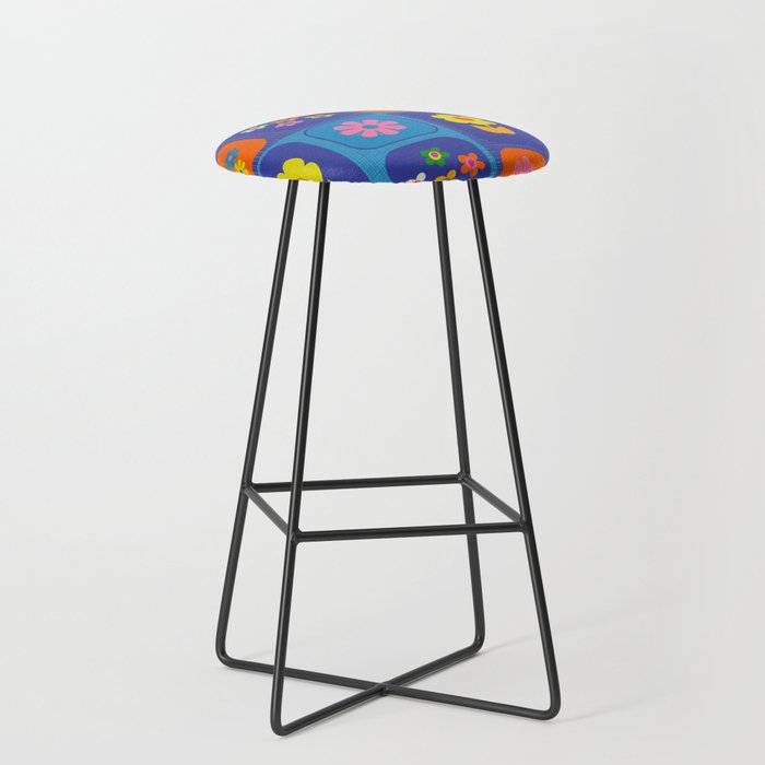 Retro Flower Patch Cute Vintage Aesthetic Floral Pattern Blue Orange Pink Stool Gallery Image 1