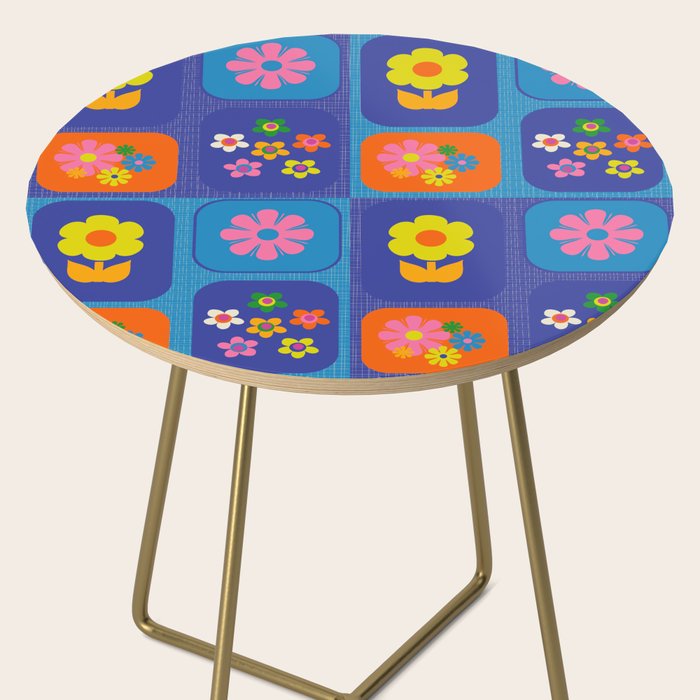 Retro Flower Patch Cute Vintage Aesthetic Floral Pattern Blue Orange Pink Side Table Gallery Image 2