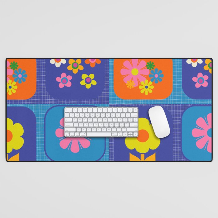 Retro Flower Patch Cute Vintage Aesthetic Floral Pattern Blue Orange Pink Desk Mat Gallery Image 1