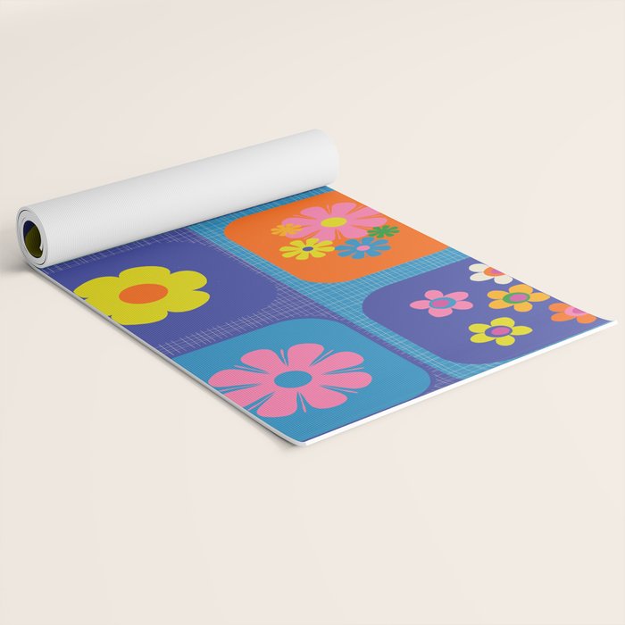 Retro Flower Patch Cute Vintage Aesthetic Floral Pattern Blue Orange Pink Yoga Mat Gallery Image 2