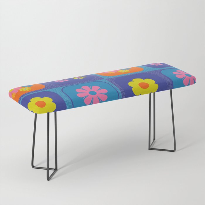 Retro Flower Patch Cute Vintage Aesthetic Floral Pattern Blue Orange Pink Bench Gallery Image 1