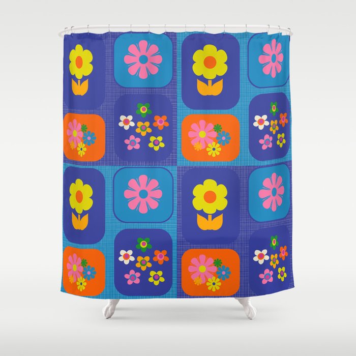 Retro Flower Patch Cute Vintage Aesthetic Floral Pattern Blue Orange Pink Shower Curtain Gallery Image 1