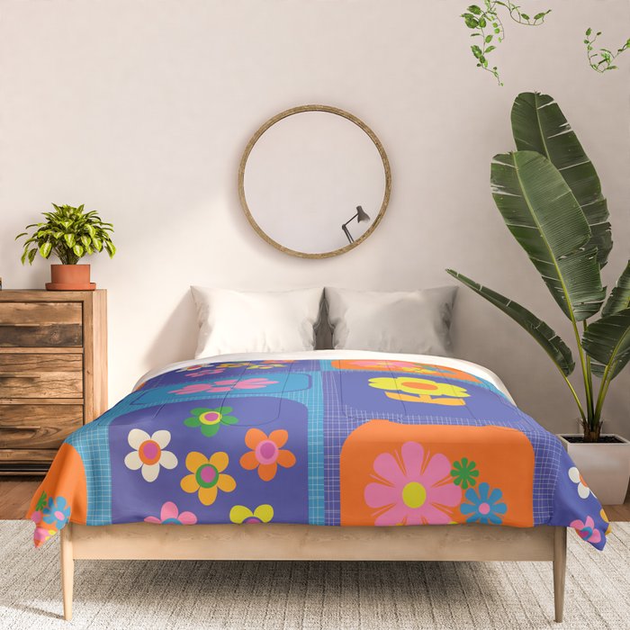 Retro Flower Patch Cute Vintage Aesthetic Floral Pattern Blue Orange Pink Comforter Gallery Image 3