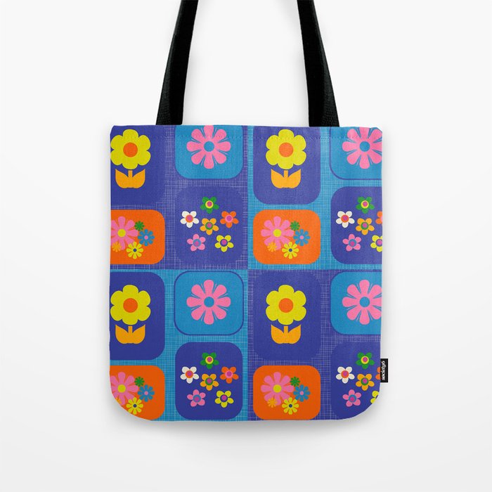 Retro Flower Patch Cute Vintage Aesthetic Floral Pattern Blue Orange Pink Tote Bag Gallery Image 1