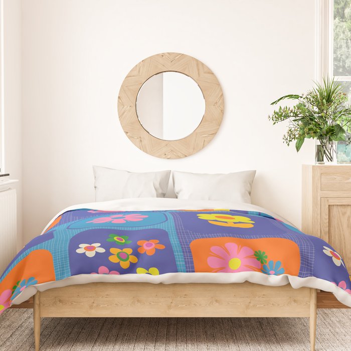 Retro Flower Patch Cute Vintage Aesthetic Floral Pattern Blue Orange Pink Duvet Cover Gallery Image 3