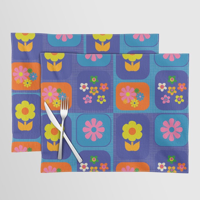 Retro Flower Patch Cute Vintage Aesthetic Floral Pattern Blue Orange Pink Placemat Gallery Image 1
