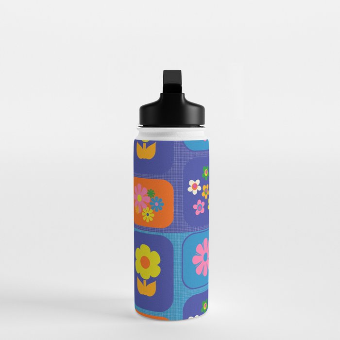 Retro Flower Patch Cute Vintage Aesthetic Floral Pattern Blue Orange Pink Water Bottle Gallery Image 3