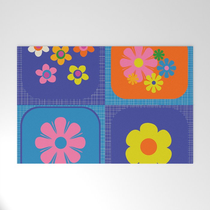 Retro Flower Patch Cute Vintage Aesthetic Floral Pattern Blue Orange Pink Welcome Mat Gallery Image 1