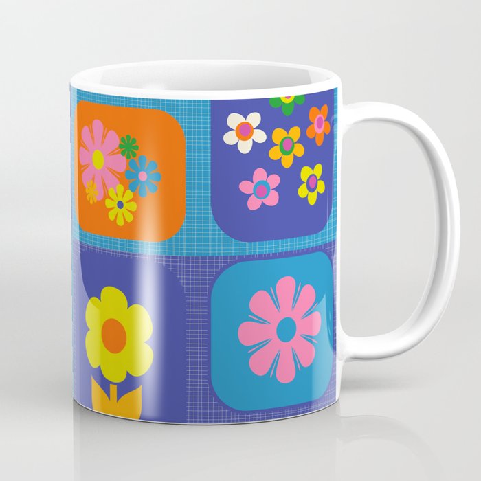 Retro Flower Patch Cute Vintage Aesthetic Floral Pattern Blue Orange Pink Coffee Mug Gallery Image 1