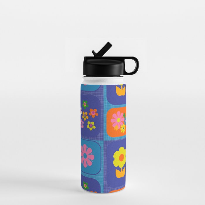 Retro Flower Patch Cute Vintage Aesthetic Floral Pattern Blue Orange Pink Water Bottle Gallery Image 1