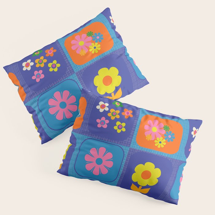 Retro Flower Patch Cute Vintage Aesthetic Floral Pattern Blue Orange Pink Pillow Sham Gallery Image 3