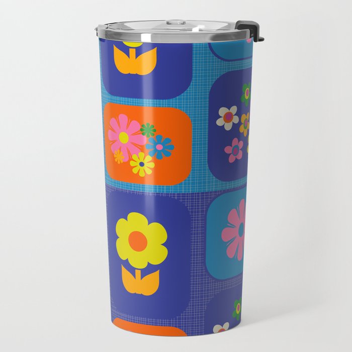 Retro Flower Patch Cute Vintage Aesthetic Floral Pattern Blue Orange Pink Travel Mug Gallery Image 2
