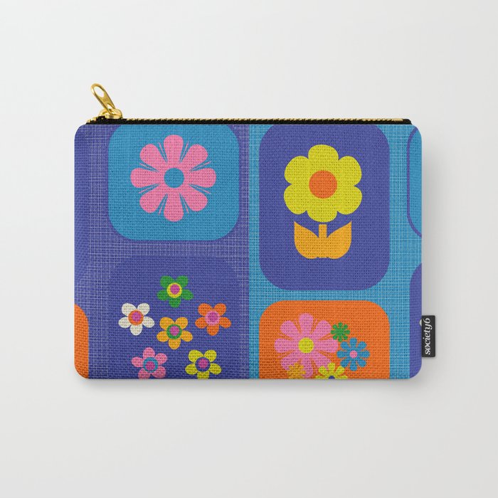 Retro Flower Patch Cute Vintage Aesthetic Floral Pattern Blue Orange Pink Carry All Pouch Gallery Image 1