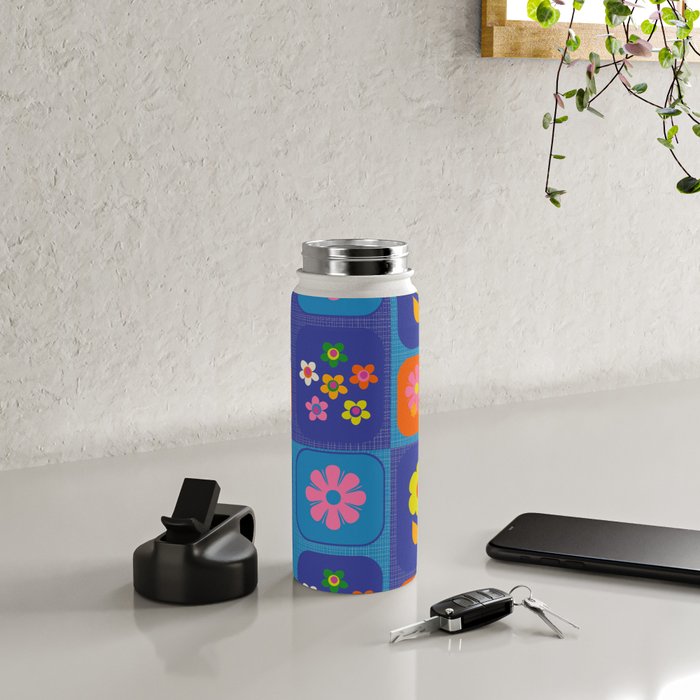 Retro Flower Patch Cute Vintage Aesthetic Floral Pattern Blue Orange Pink Water Bottle Gallery Image 4