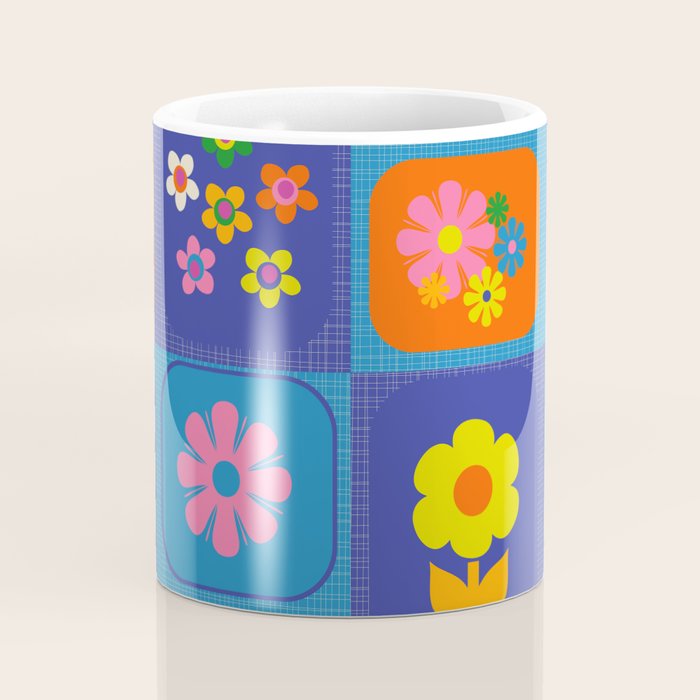 Retro Flower Patch Cute Vintage Aesthetic Floral Pattern Blue Orange Pink Coffee Mug Gallery Image 4